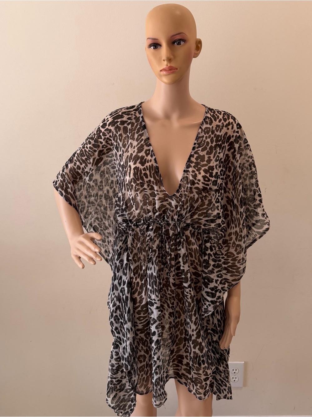 Grey Leopard Print Women’s Sheer Chiffon Beach Cover Up Mini Kaftan Dress Tunic - Picture 3 of 8